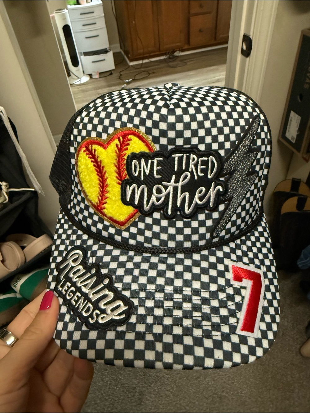 One Tired Mother Checkered Baseball Cap - Black & White with Yellow Heart Patch
